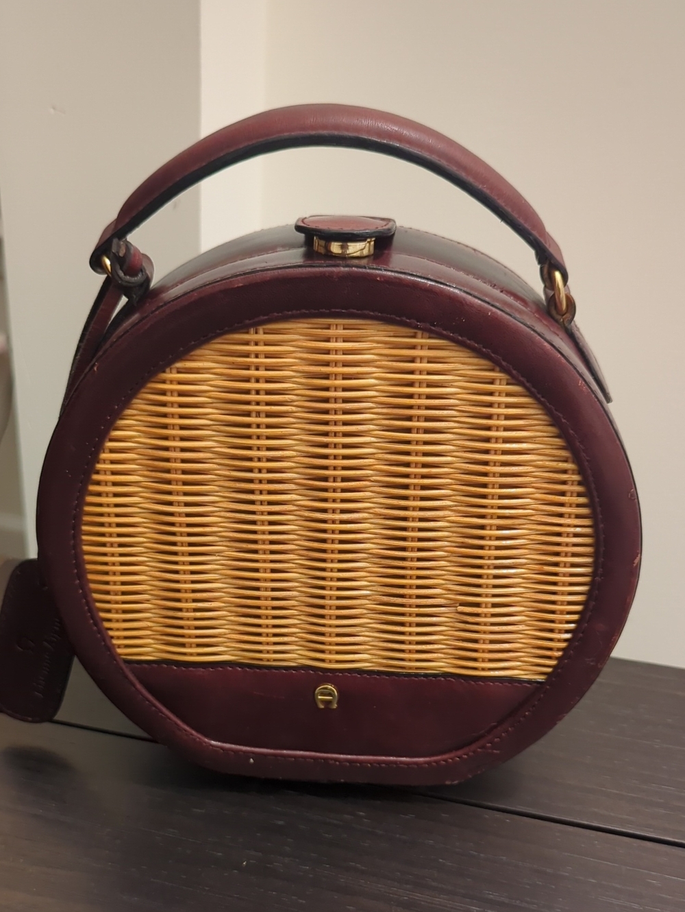 Etienne Aigner Burgundy Leather and Natural Wicker Round Top-Handle Bag - Picture 1 of 2